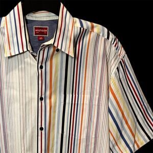 Hilfiger Men’s Large Shirt SS Denim Line button front multi stripe oxford pocket
